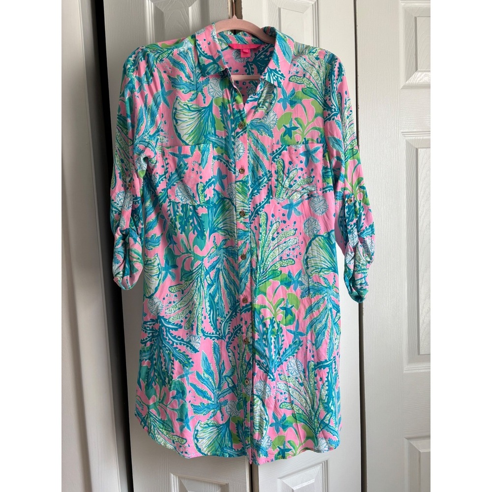 Lilly Pulitzer Natalie Shirtdress Cover Up S Pink Blue Sea Life Button Front - Picture 4 of 9